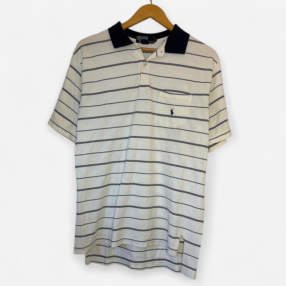 Vintage 90s Polo Ralph Lauren Striped Polo Shirt Cream Navy Large